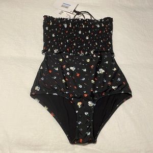 GANNI Ipanema Smocked Floral-print Swimsuit Size 36